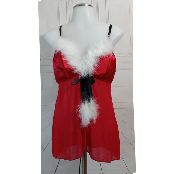 Passion Forever Christmas Santa Lingerie Babydoll Satin & Mesh Furry Sz L - Picture 1 of 6